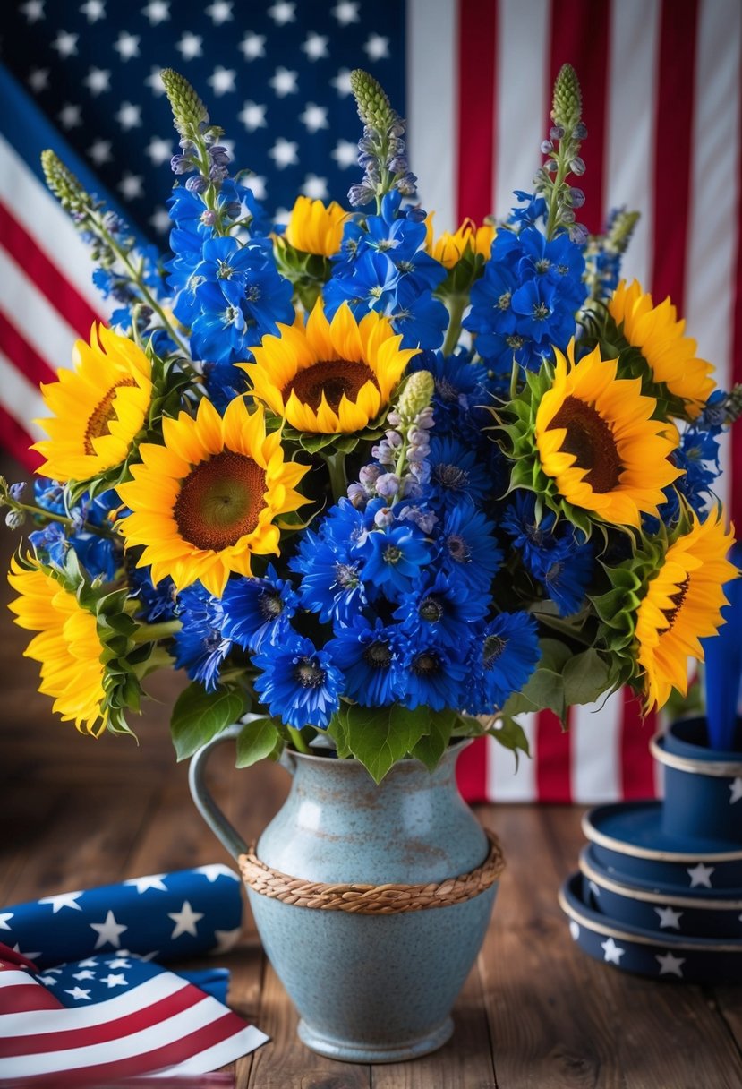 A vibrant bouquet of sunflowers and blue delphiniums arranged in a rustic vase, with a backdrop of American flags and patriotic decor