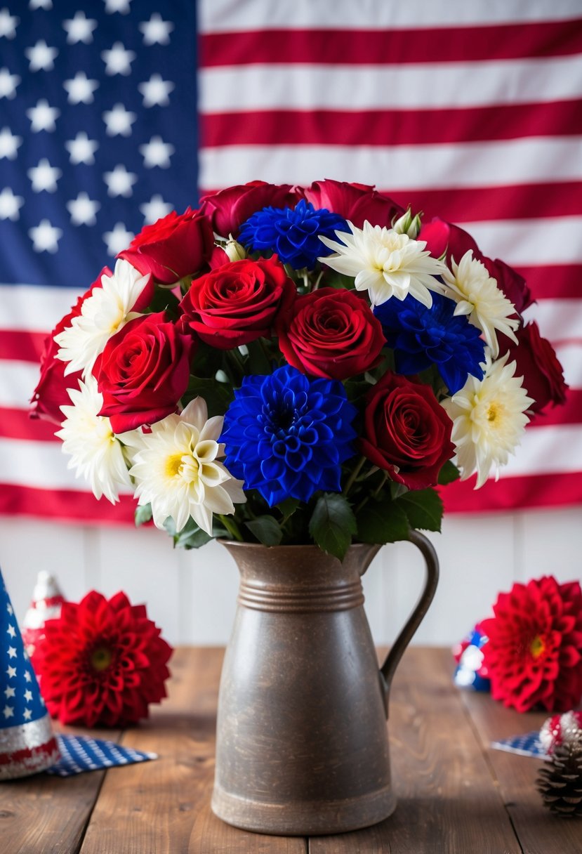 A bouquet of red, white, and blue roses and dahlias arranged in a rustic vase on a wooden table with a backdrop of American flags and festive decorations