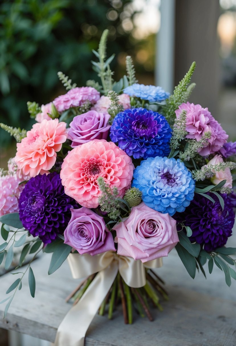 A lush bouquet of hortensia blooms in shades of pink, purple, and blue, accented with delicate greenery and tied with a satin ribbon