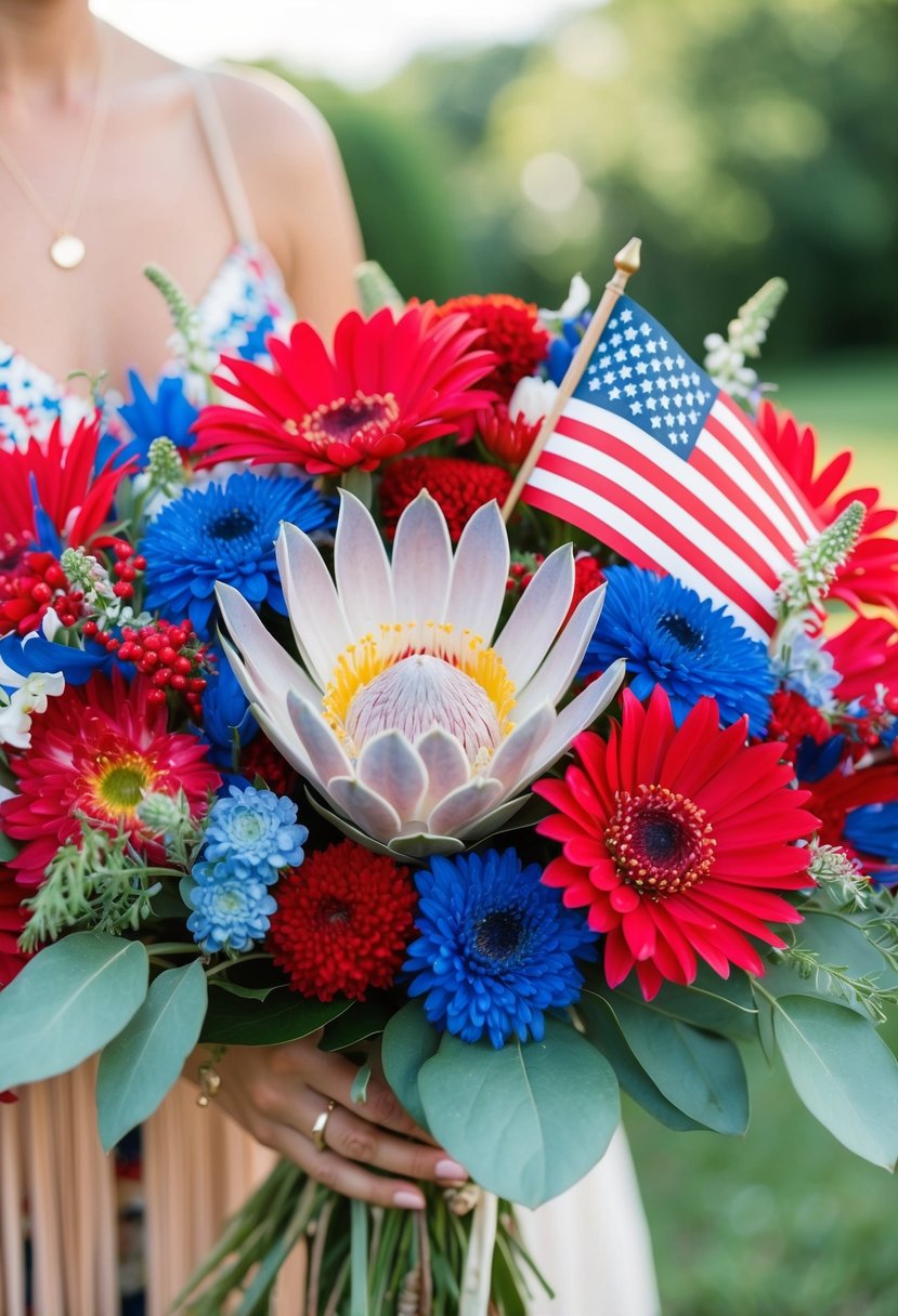 A vibrant bouquet of protea and zinnia flowers arranged in a bohemian style, with a patriotic color scheme of red, white, and blue for a 4th of July wedding