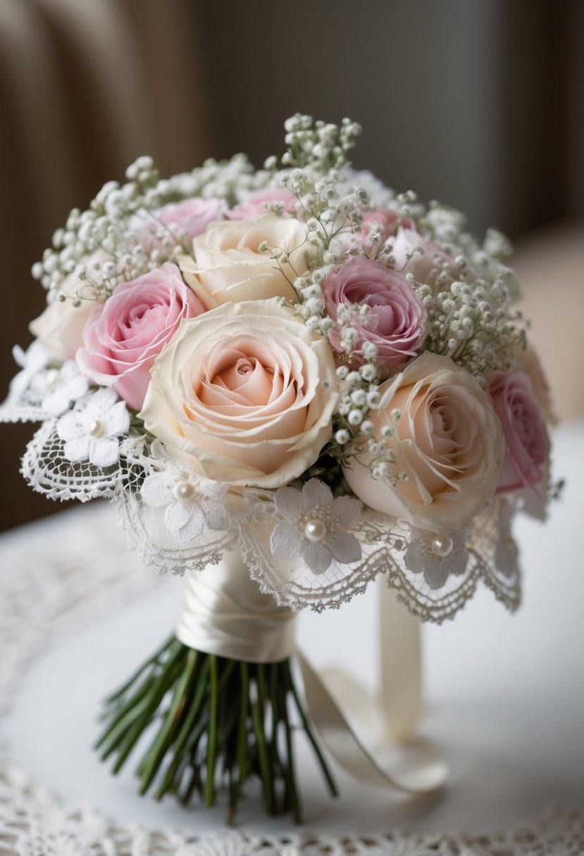 A vintage lace and pearl bouquet with pastel roses and baby's breath