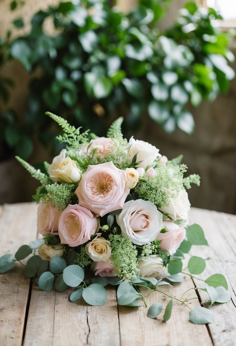 A delicate hortensia and pastel rose wedding bouquet rests on a rustic wooden table, surrounded by soft green foliage