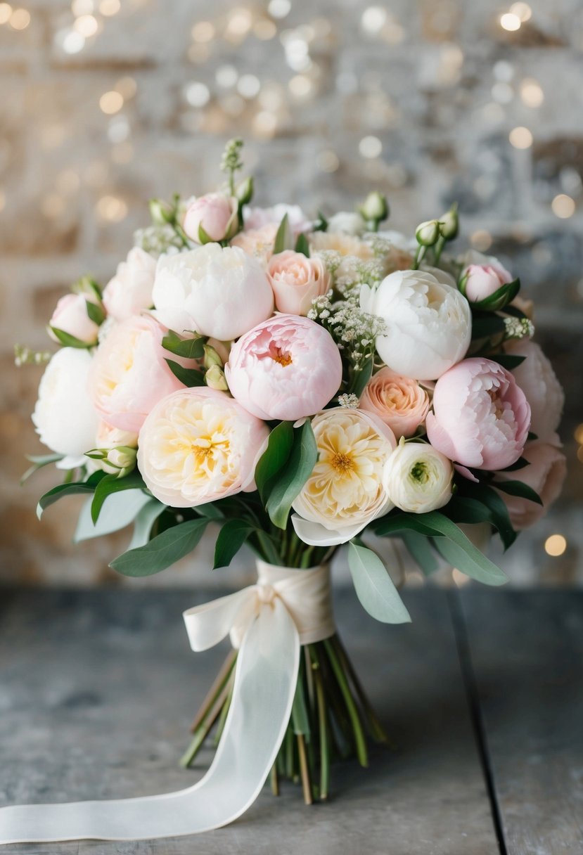 A vintage-inspired bouquet of roses and peonies in soft pastel colors, tied with a delicate ribbon