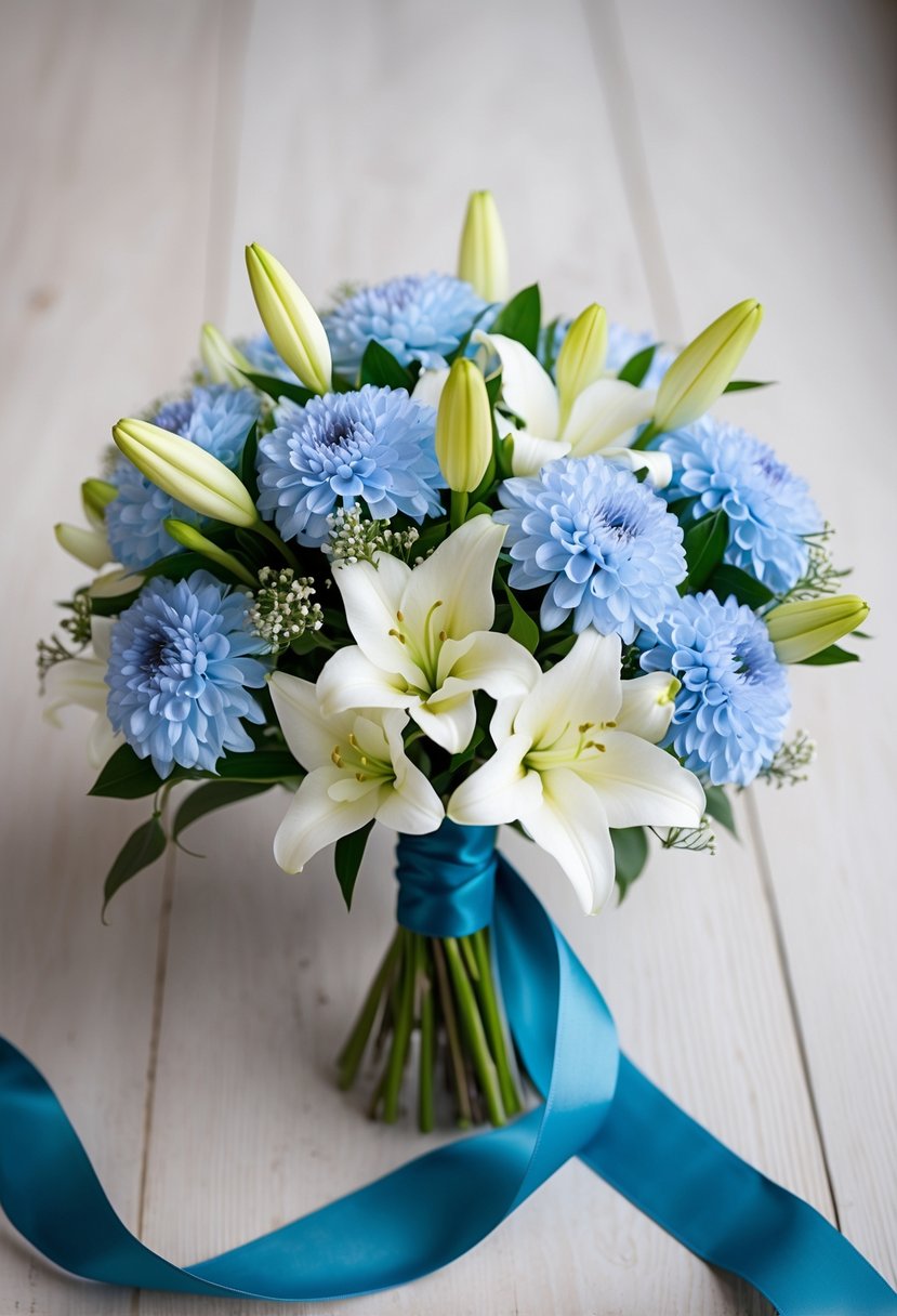 A delicate wedding bouquet with Barely Blue Hortensias and White Lilies, wrapped in a flowing ribbon