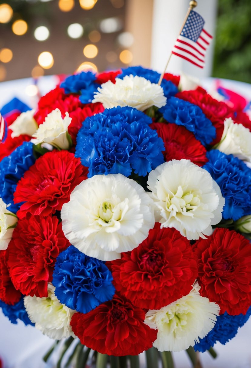 A vibrant bouquet of red, white, and blue lisianthus and carnations arranged in a charming and elegant display for a 4th of July wedding celebration