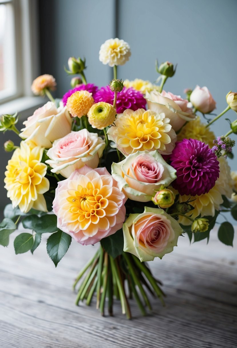 A vintage-inspired bouquet featuring garden roses and dahlias, with a 50s aesthetic