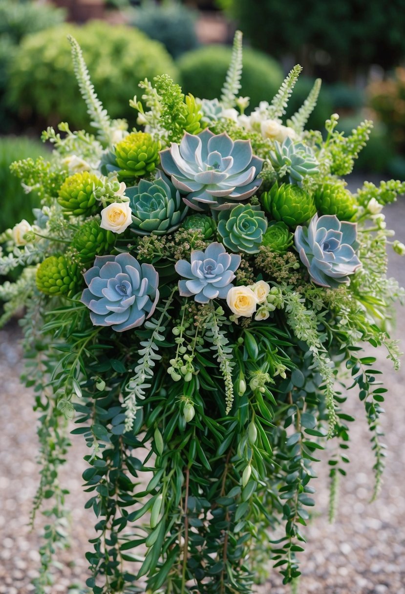 A lush bouquet of hortensias and succulents arranged in a cascading style, with delicate greenery and small flowers interspersed throughout