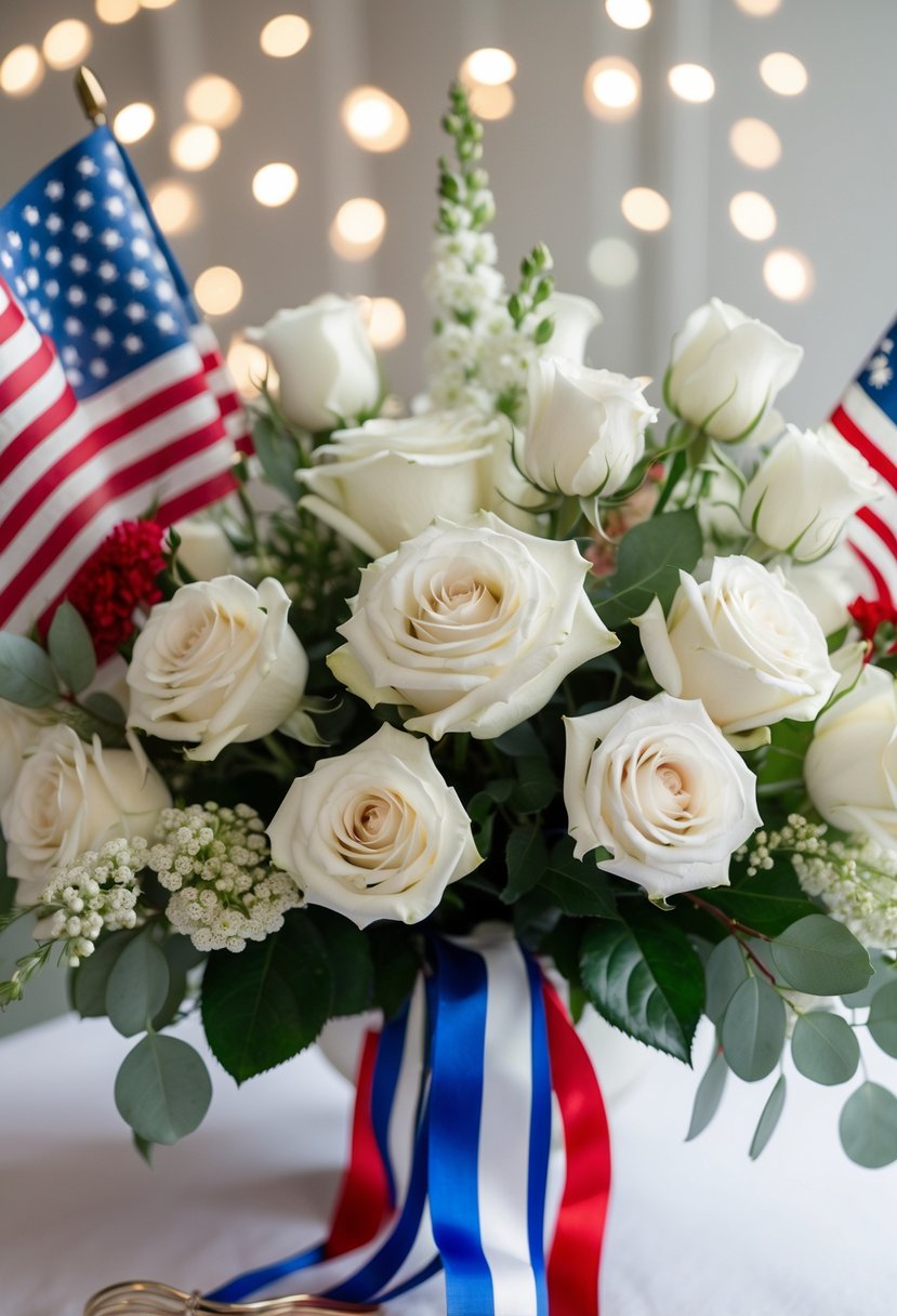 A bouquet of elegant white roses and spray roses arranged in a festive 4th of July wedding theme