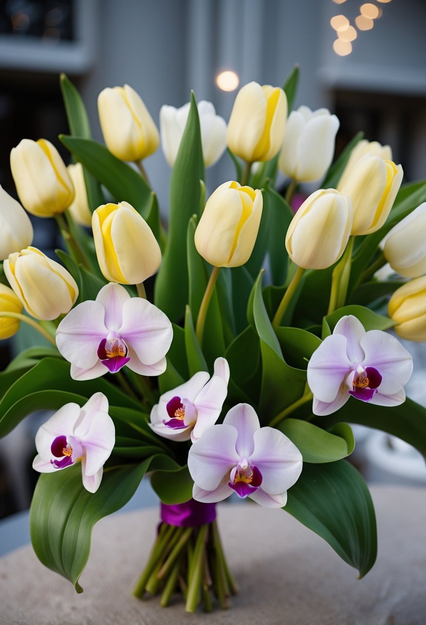 A delicate mix of tulips and orchids arranged in a vintage 50s wedding bouquet