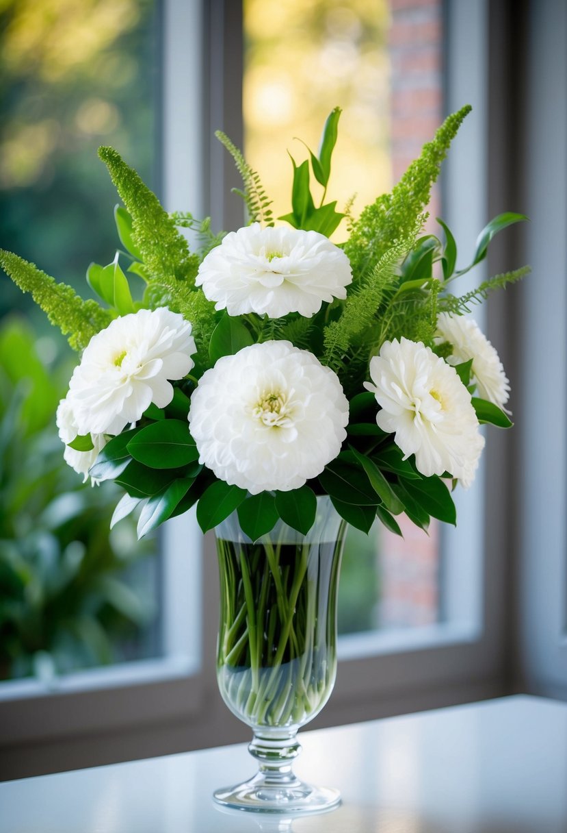 A classic white hortensia arrangement in a tall glass vase with green foliage