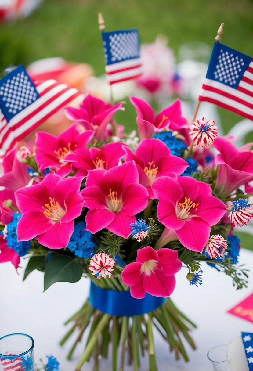 A bouquet of vibrant pink stocks and craspedia arranged in a festive 4th of July wedding theme