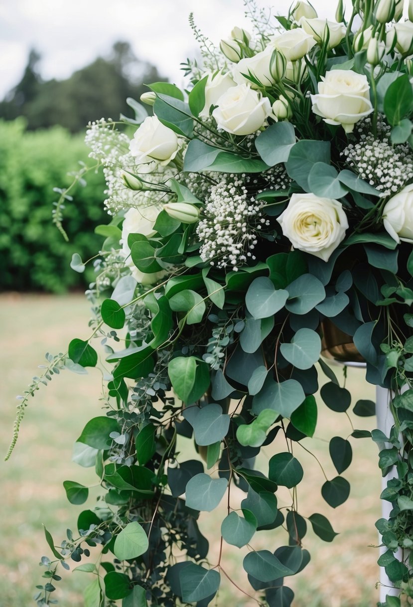 A lush bouquet of hortensias and eucalyptus, cascading and intertwined, with hints of delicate baby's breath and trailing ivy