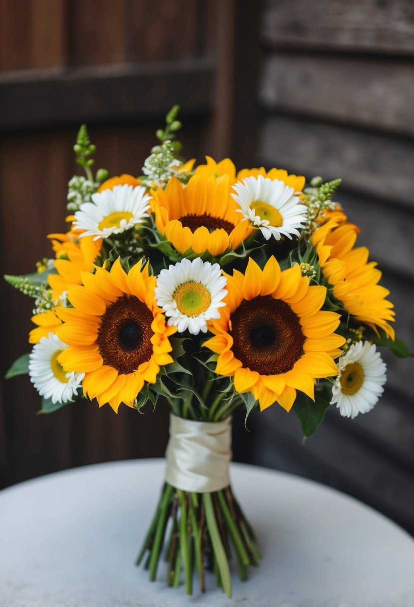 A vintage 50s wedding bouquet with vibrant sunflowers and daisies