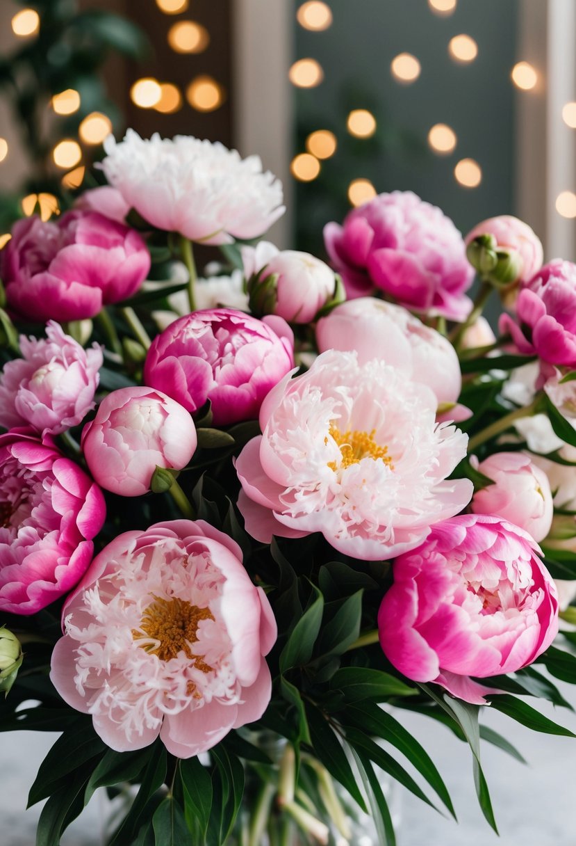 A lush bouquet of pink peonies and hortensias in a delicate arrangement