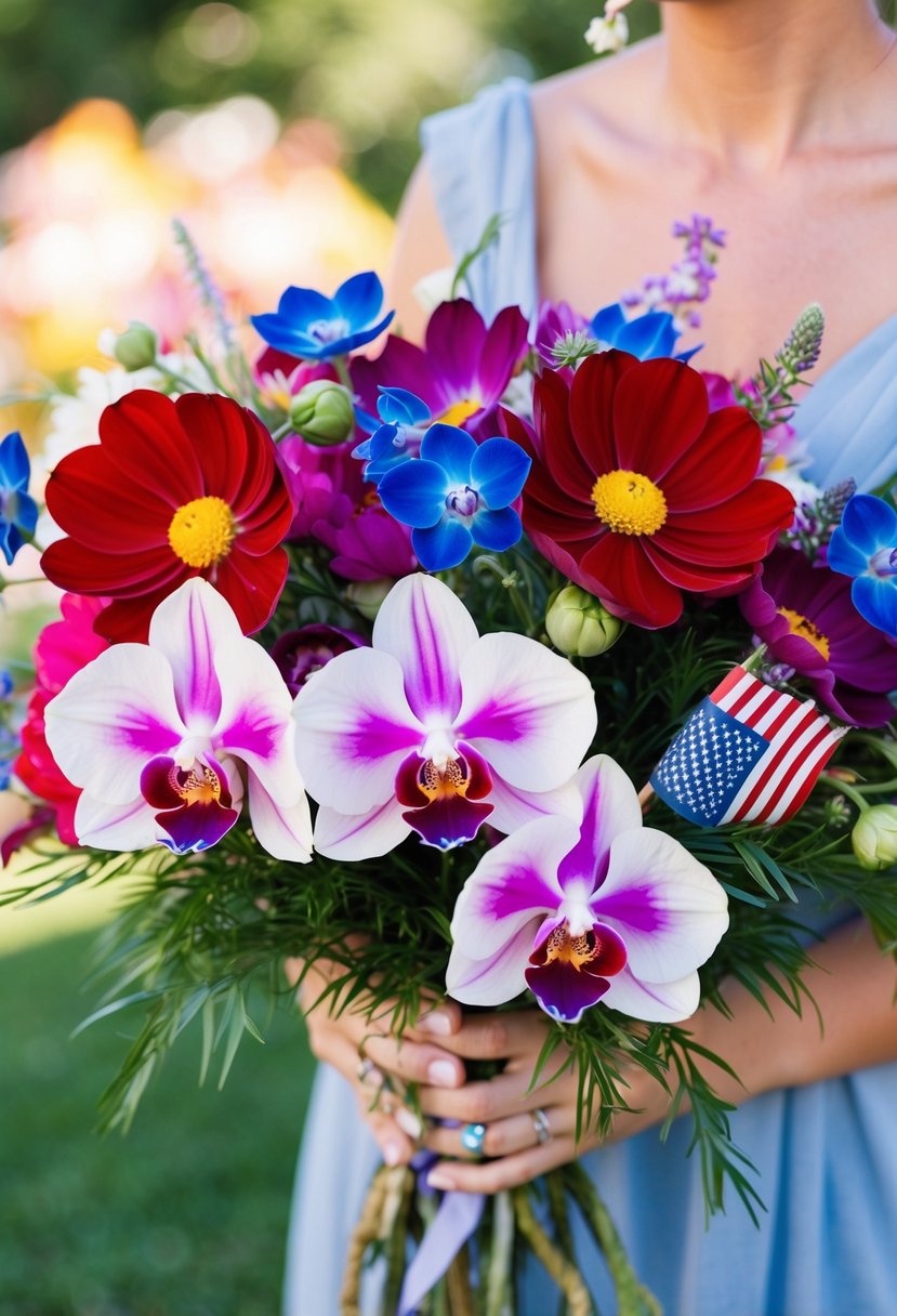 A vibrant bouquet of cosmos and orchids, inspired by a garden, arranged for a 4th of July wedding celebration