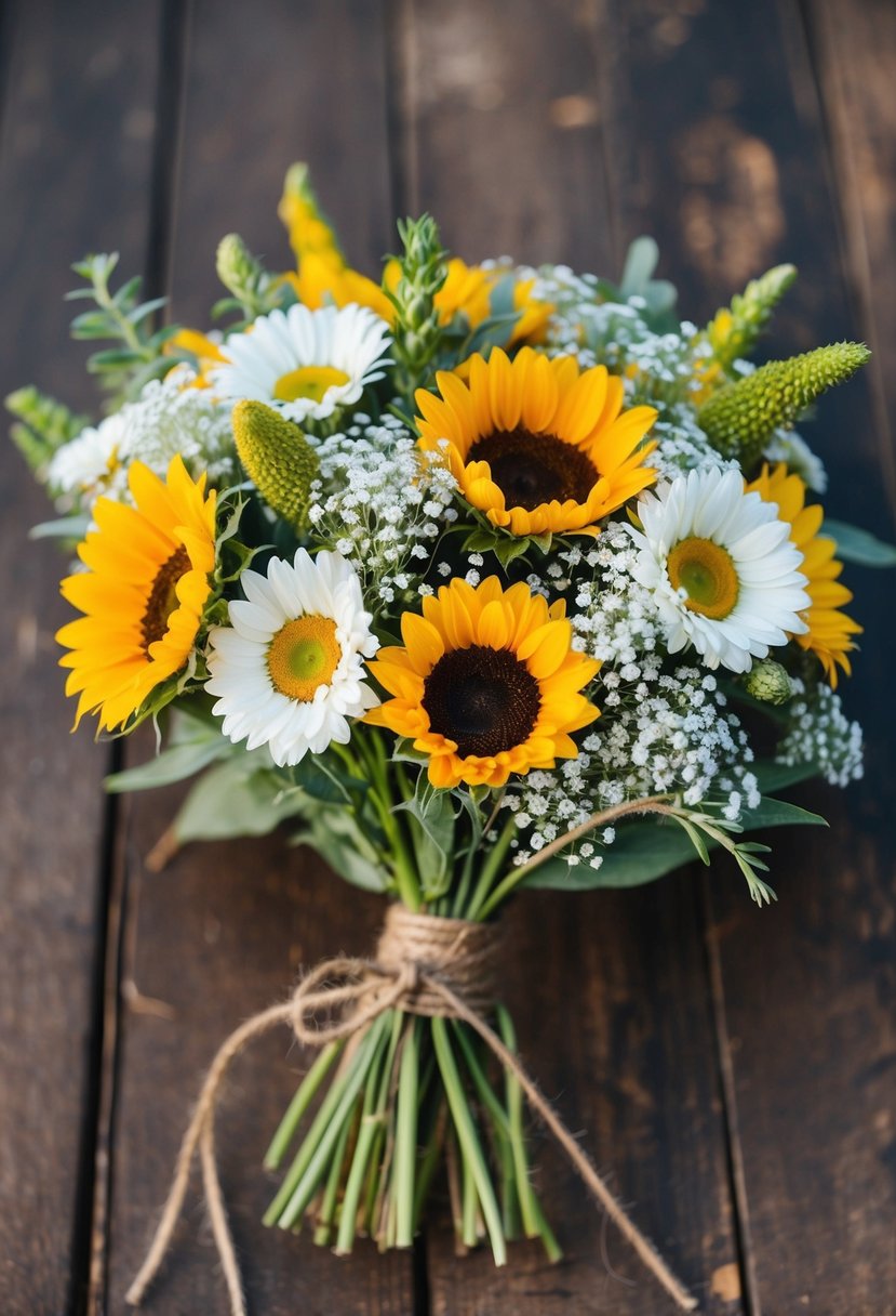 A rustic wildflower bouquet with a mix of daisies, sunflowers, and baby's breath tied with twine