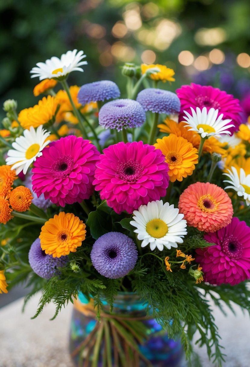 A vibrant bouquet of hortensias and daisies, arranged in a summer mix of colors and textures