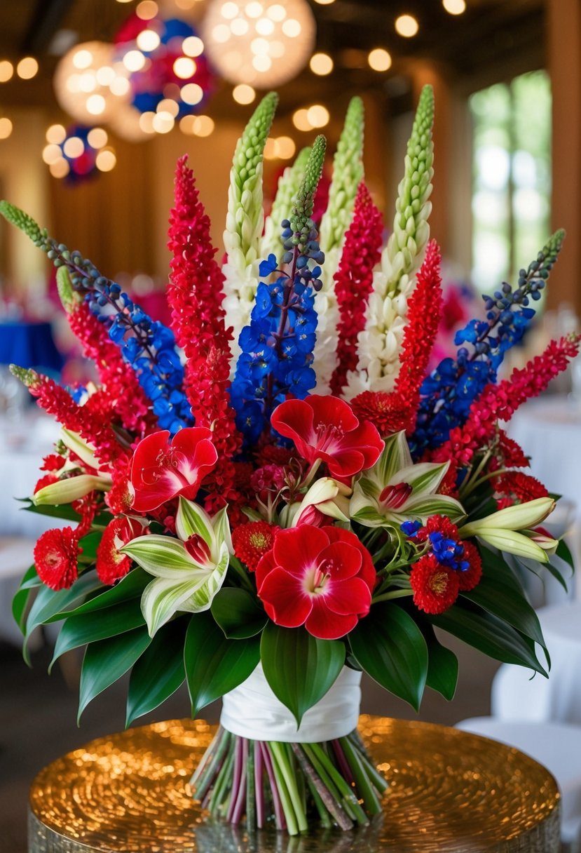 A vibrant bouquet of Amaranthus and Cymbidium flowers arranged in a luxurious and festive style for a 4th of July wedding celebration