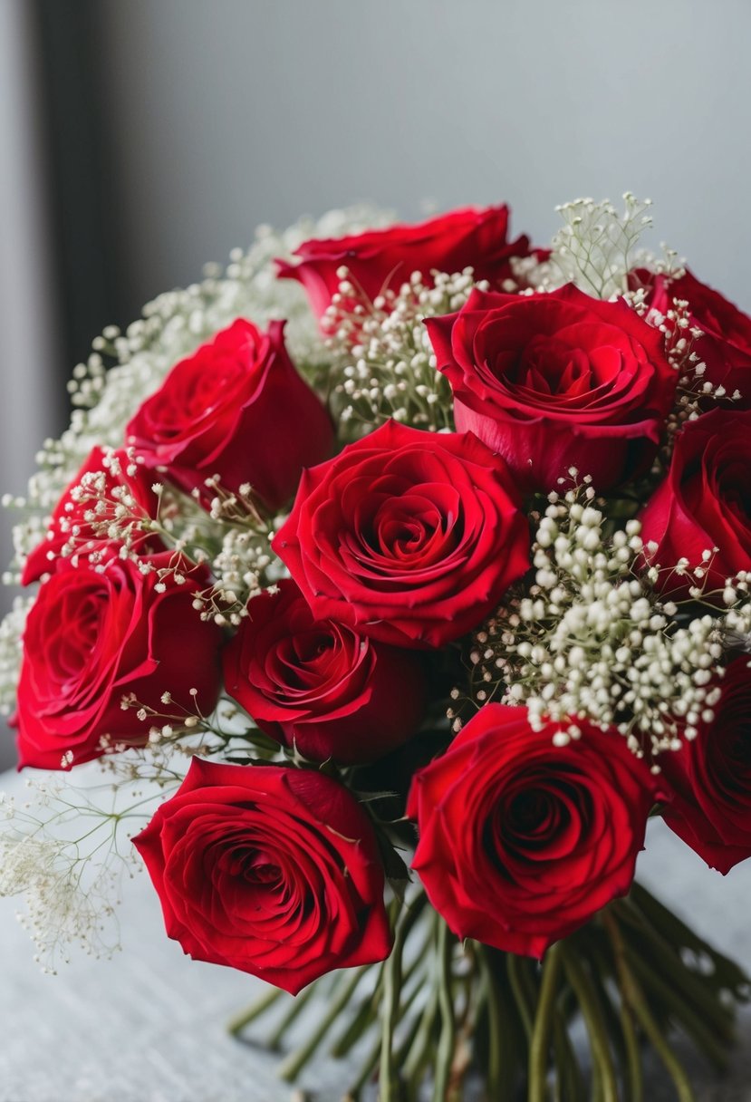 A vintage-inspired bouquet of red roses and delicate baby's breath