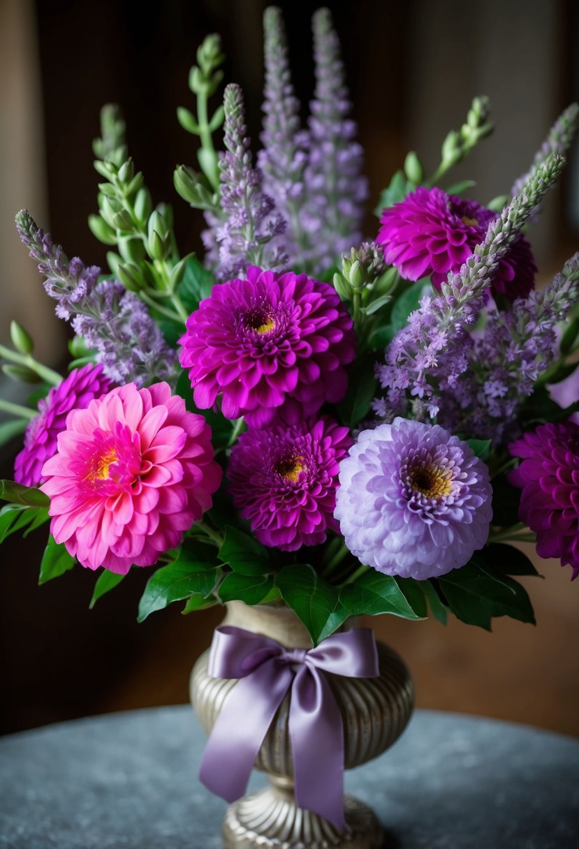 A lush bouquet of vibrant traditional hortensias and delicate lavender hortensias tied together with a satin ribbon, nestled in a vintage-inspired vase