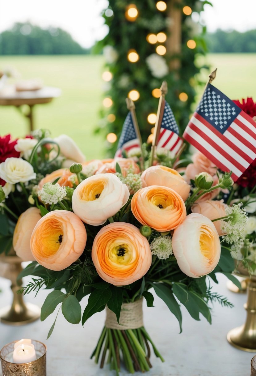 A rustic bouquet of peach ranunculus and glowing 4th of July flowers arranged in a festive wedding display