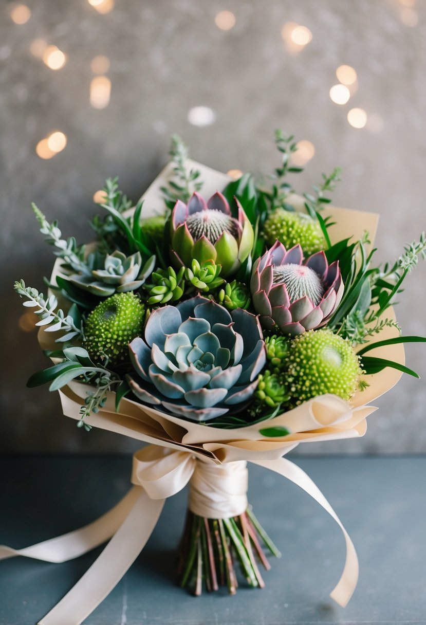 A vintage-inspired bouquet featuring vibrant succulents and protea, accented with delicate greenery and wrapped in a retro ribbon