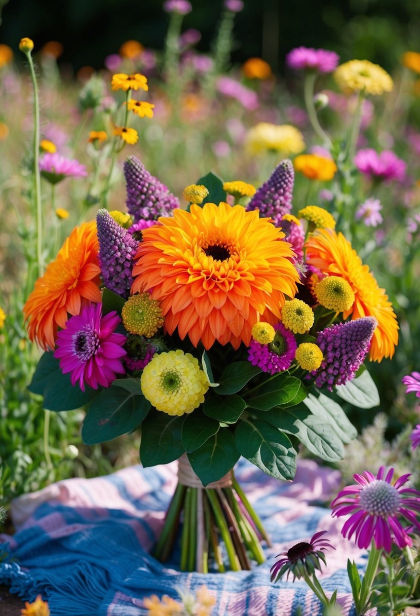 A vibrant hortensia bouquet surrounded by wildflowers in a bohemian setting