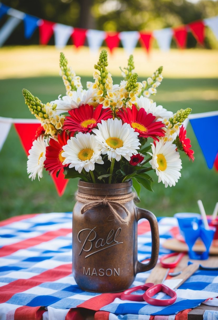 A vibrant bouquet of freesias and gerbera daisies, arranged in a rustic mason jar, sits on a picnic table adorned with red, white, and blue bunting