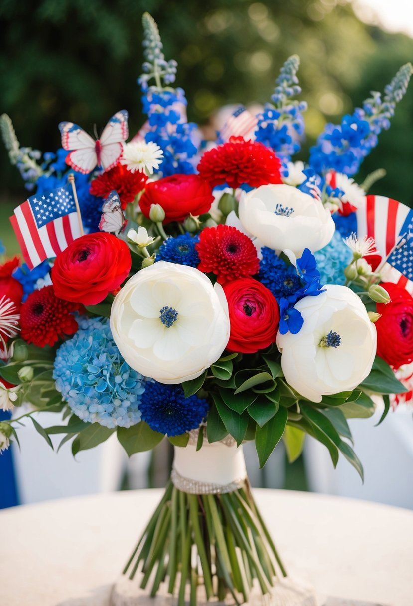 A vibrant bouquet of red, white, and blue flowers, including butterfly ranunculus and delphinium, arranged in a festive 4th of July wedding theme