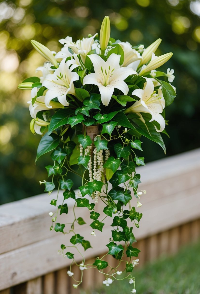 A vintage 50s wedding bouquet with cascading ivy and lilies