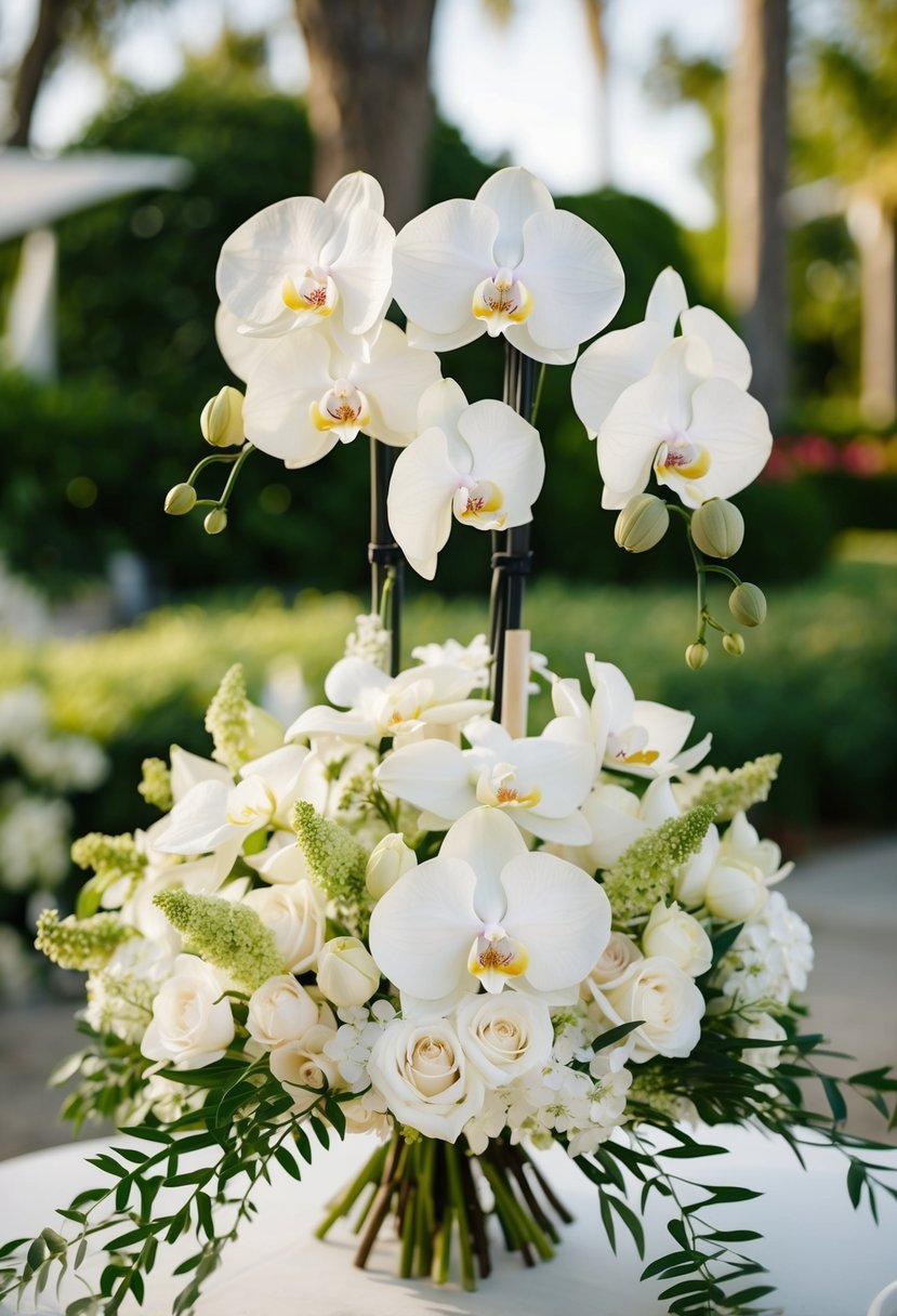 An elegant ivory hortensia bouquet with delicate orchids, arranged in a lush and romantic wedding setting