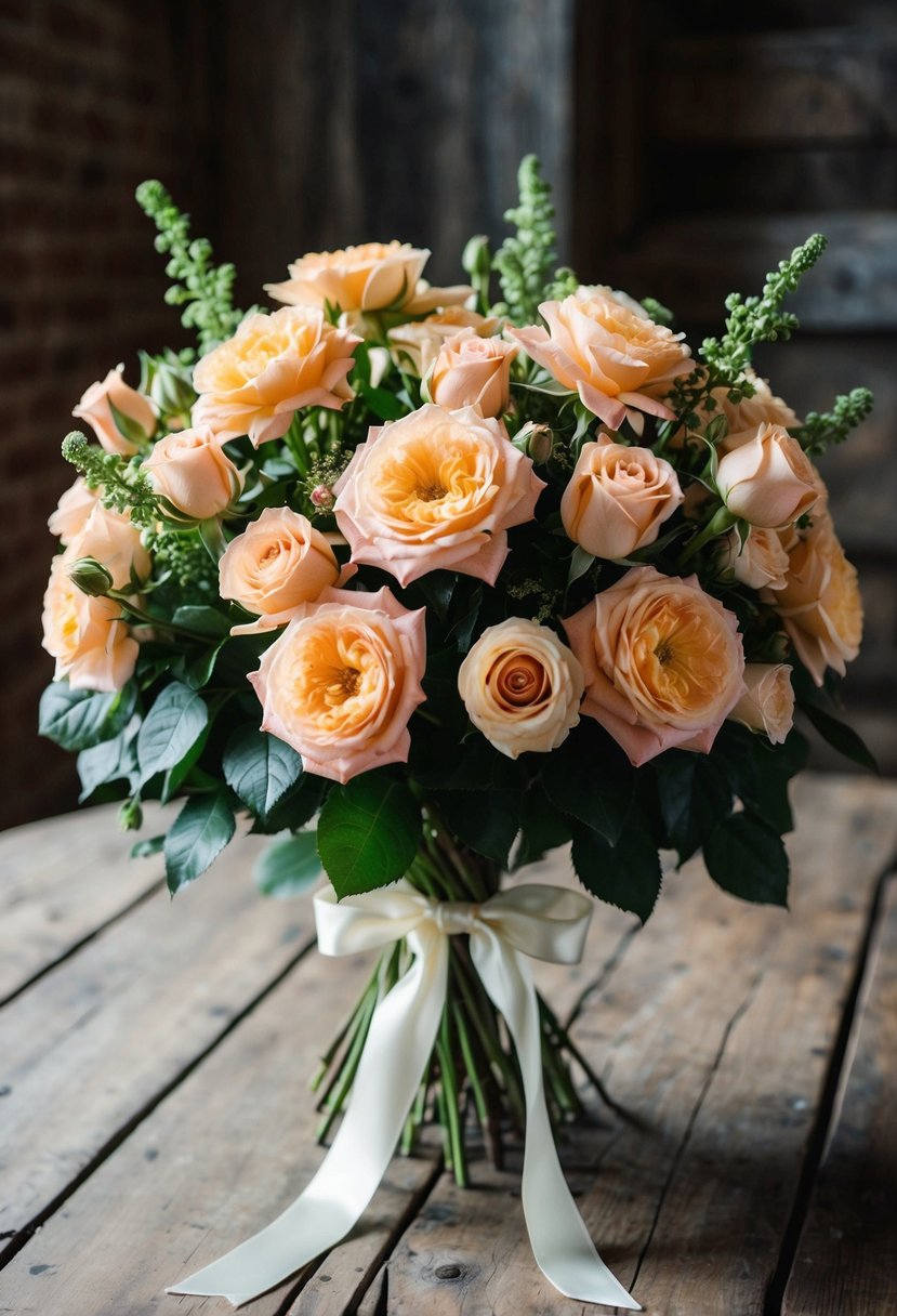 A lush bouquet of hortensias and peach roses, tied with a satin ribbon, sits on a rustic wooden table