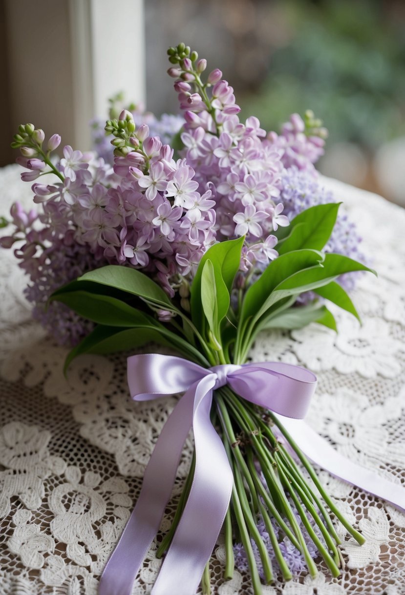 A delicate bouquet of lilac and sweet pea flowers tied with a satin ribbon, resting on a lace tablecloth