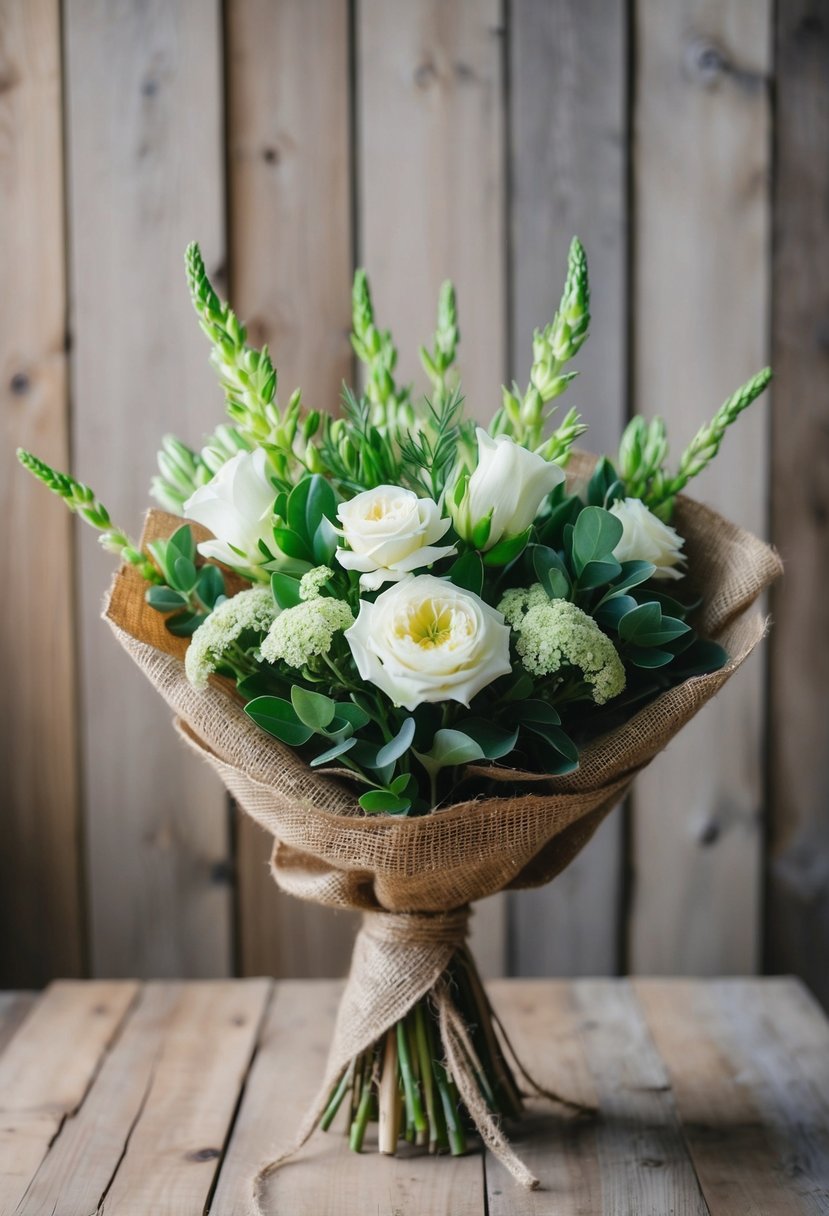 A rustic hortensia bouquet wrapped in burlap, set against a wooden backdrop with soft natural lighting