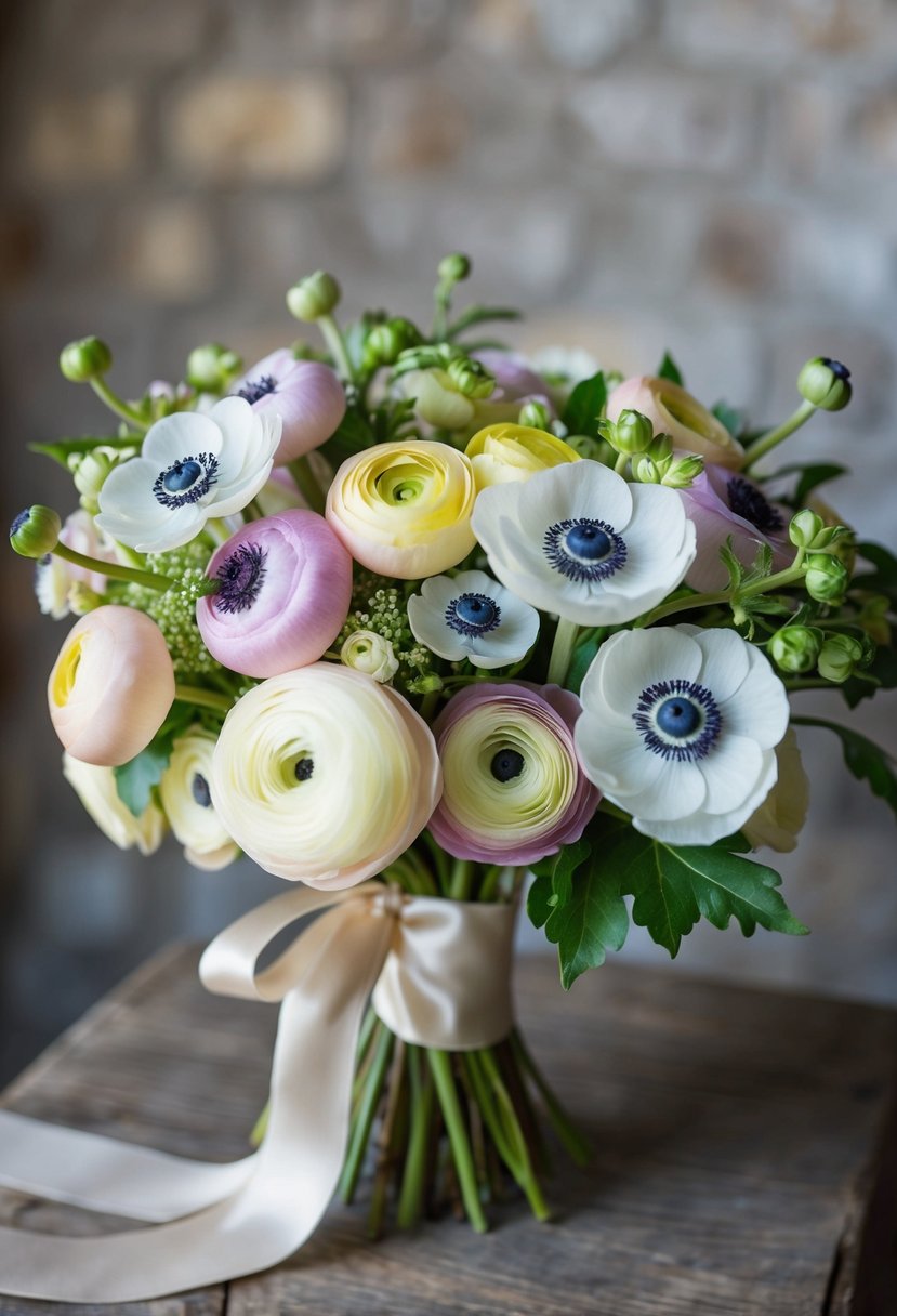 A vintage-inspired bouquet of whimsical ranunculus and anemones in soft pastel colors, tied with a satin ribbon