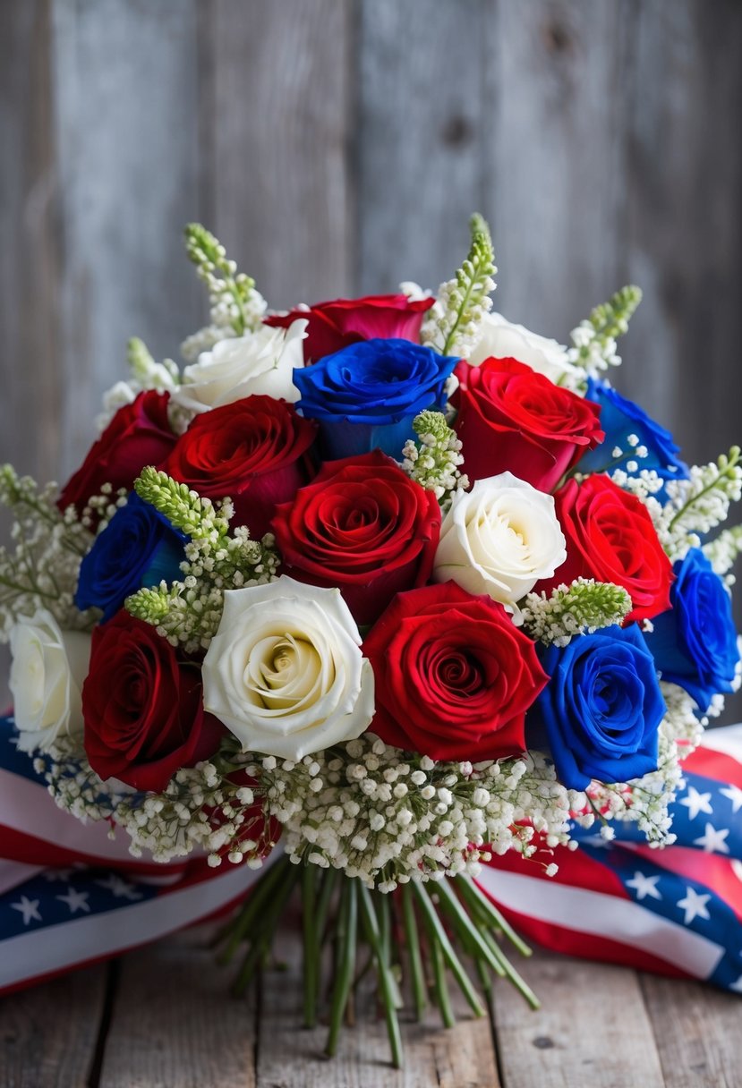 A lush bouquet of red, white, and blue roses intertwined with delicate gypsophila, arranged in a rustic, patriotic theme