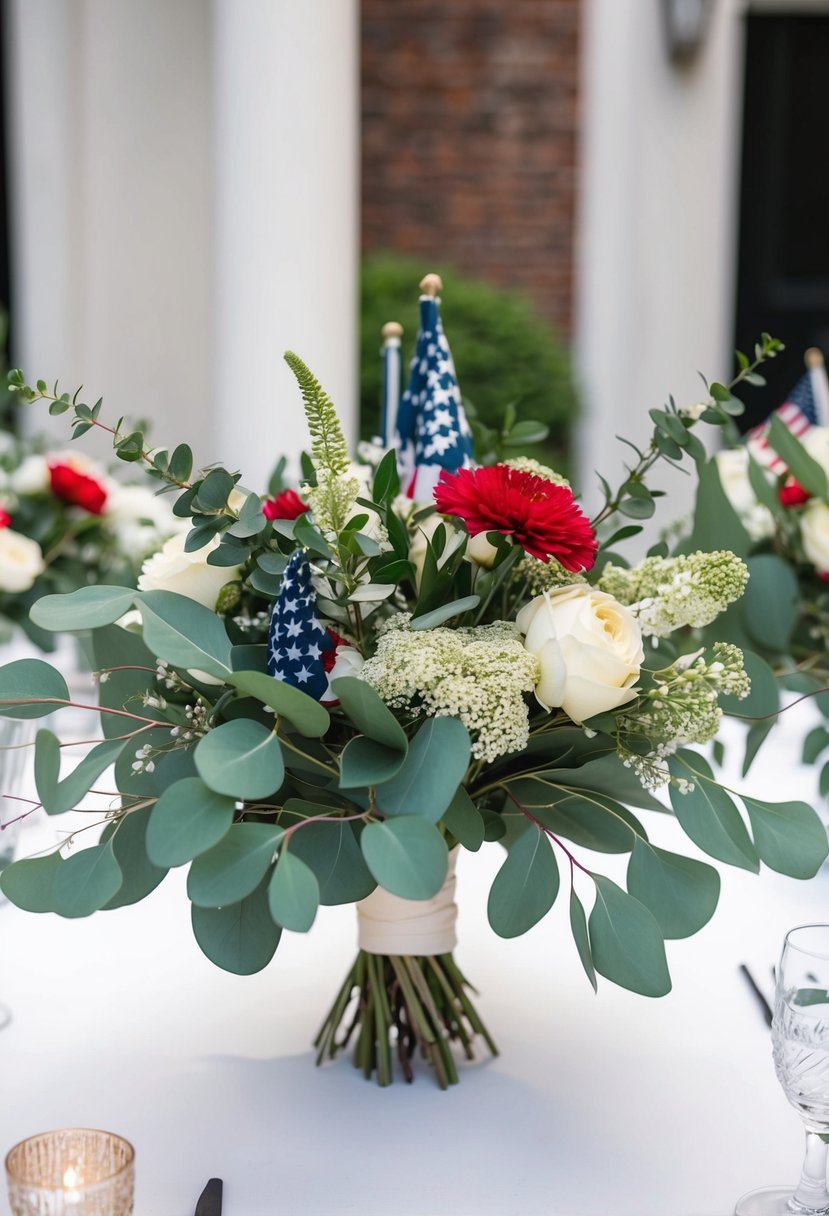 A bouquet of eucalyptus and lisianthus arranged in an elegant 4th of July wedding theme