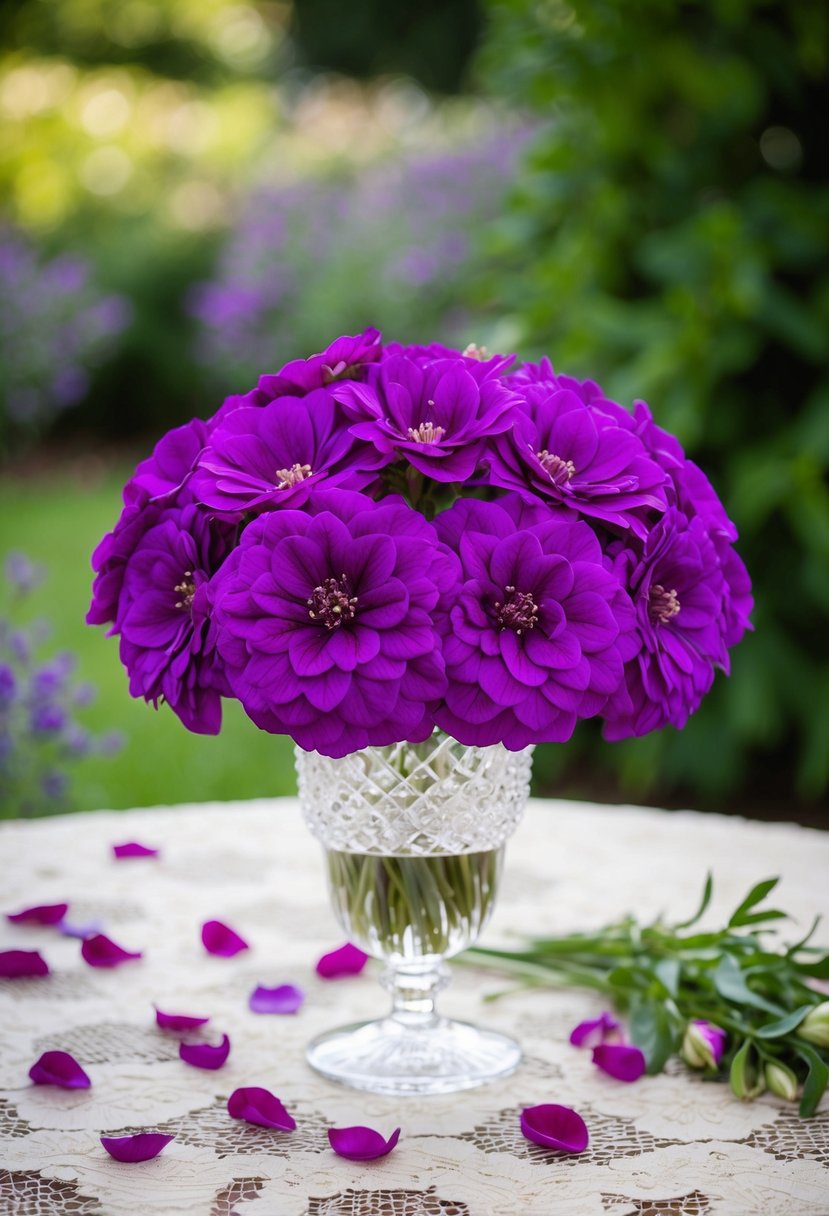 A vibrant purple hortensia bouquet sits in a crystal vase on a lace-covered table, surrounded by scattered petals and greenery