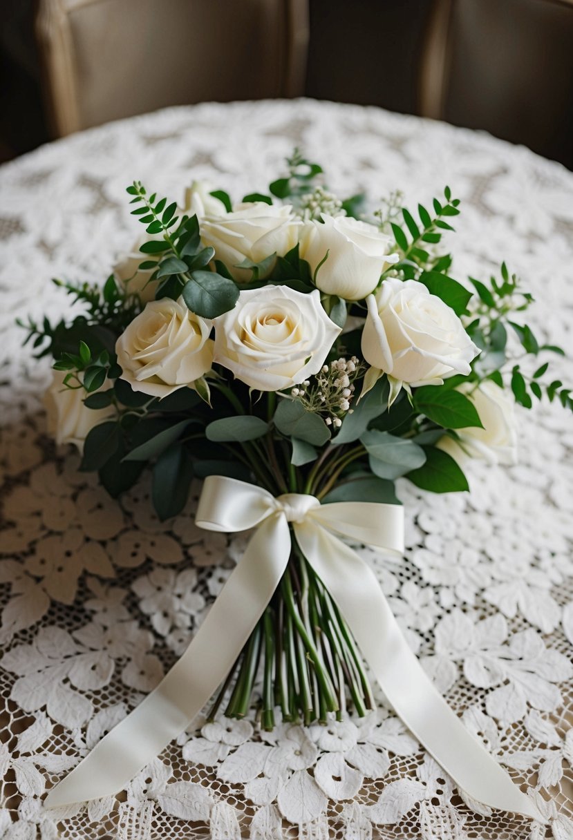 A vintage-inspired bouquet of white roses and greenery, tied with a delicate ribbon, sits on a lace tablecloth