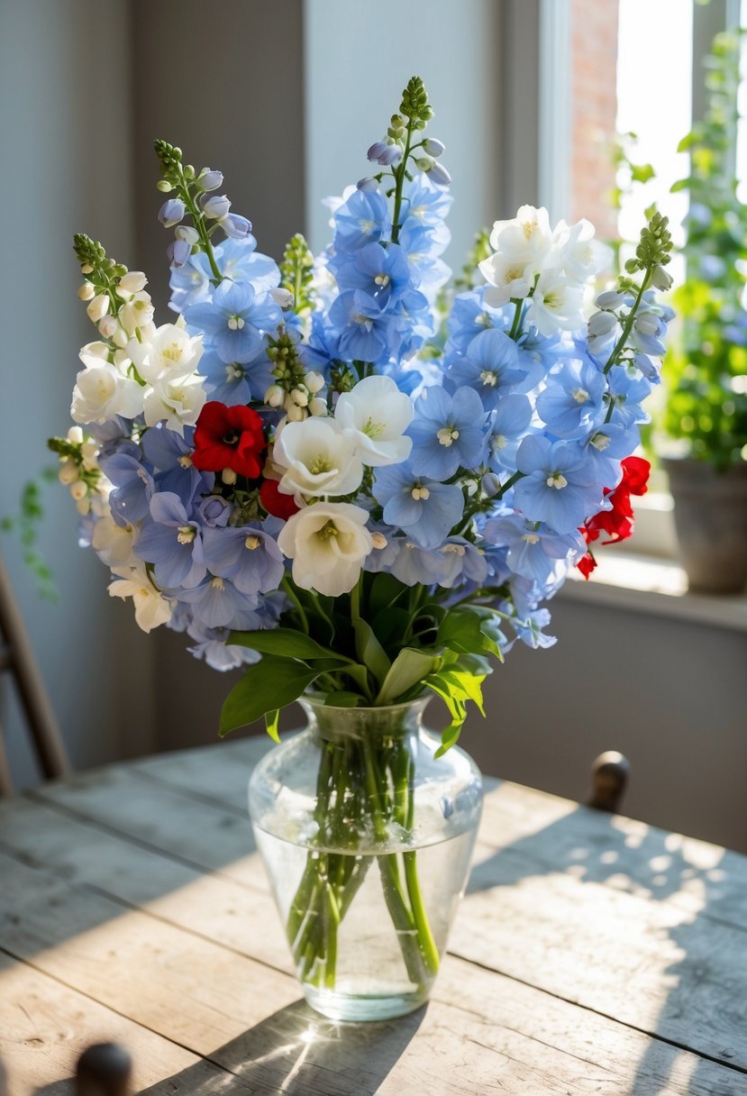 A bouquet of light blue delphiniums, accented with white and red flowers, sits in a glass vase on a rustic wooden table. Sunshine streams through a nearby window, casting a soft glow on the delicate petals