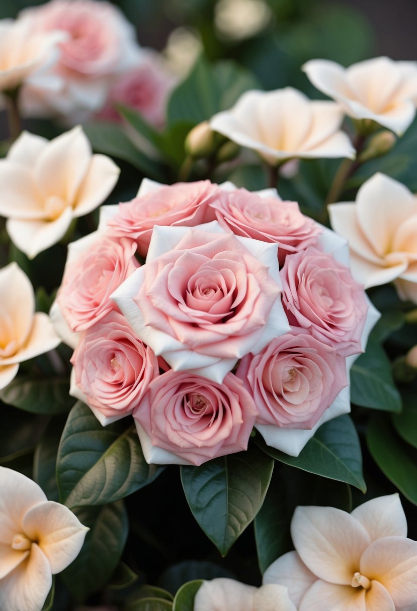 A Blush Hortensia bouquet surrounded by Gardenias, with soft lighting and a romantic, dreamy atmosphere