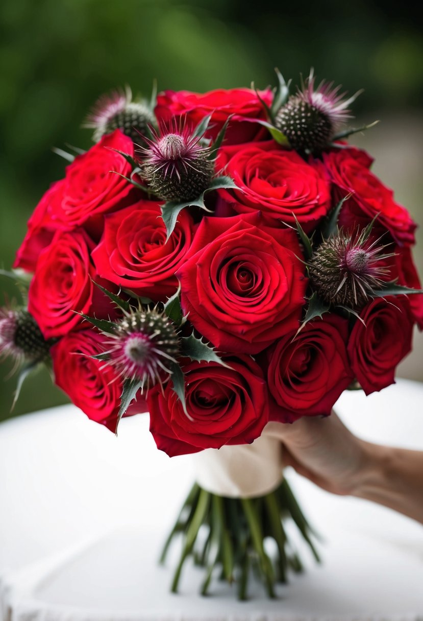 A vintage 50s wedding bouquet with dramatic red roses and thistles