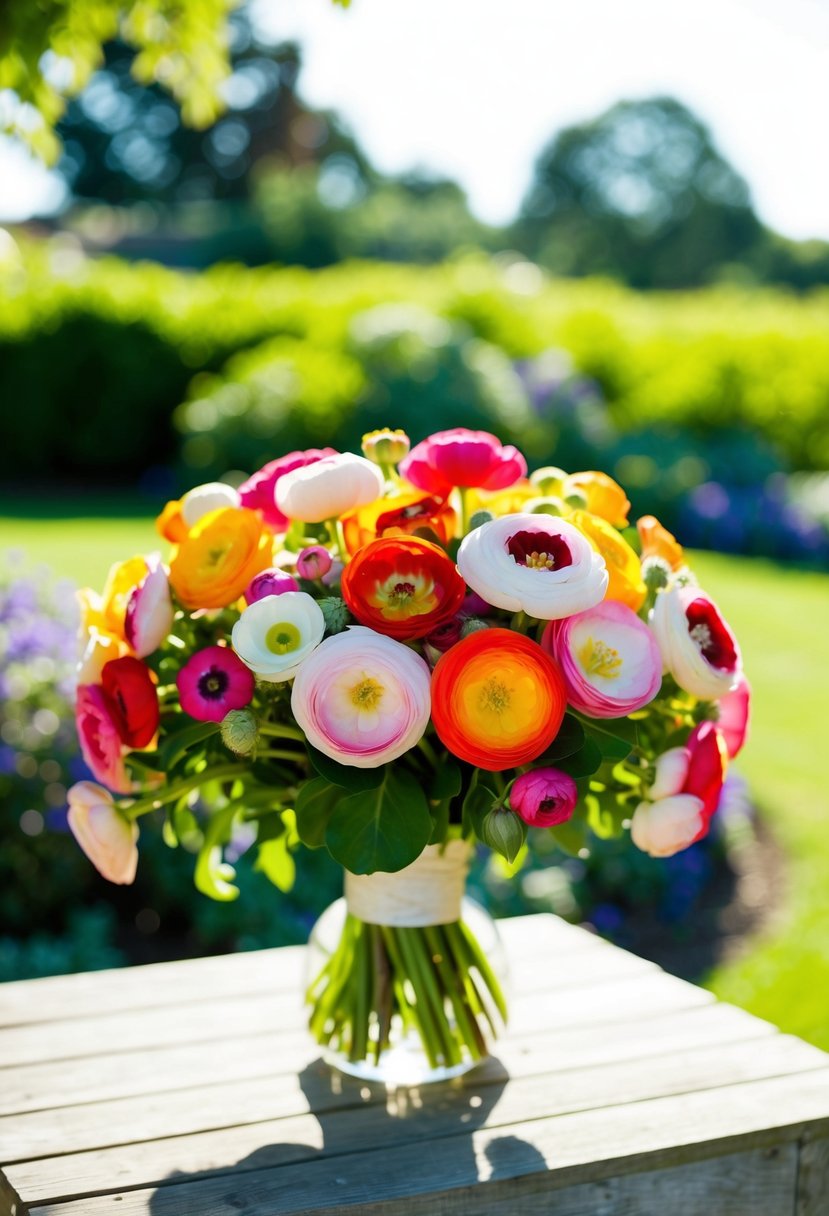 A sunlit garden with vibrant ranunculus flowers, arranged in a bouquet by Lynette for a 4th of July wedding celebration