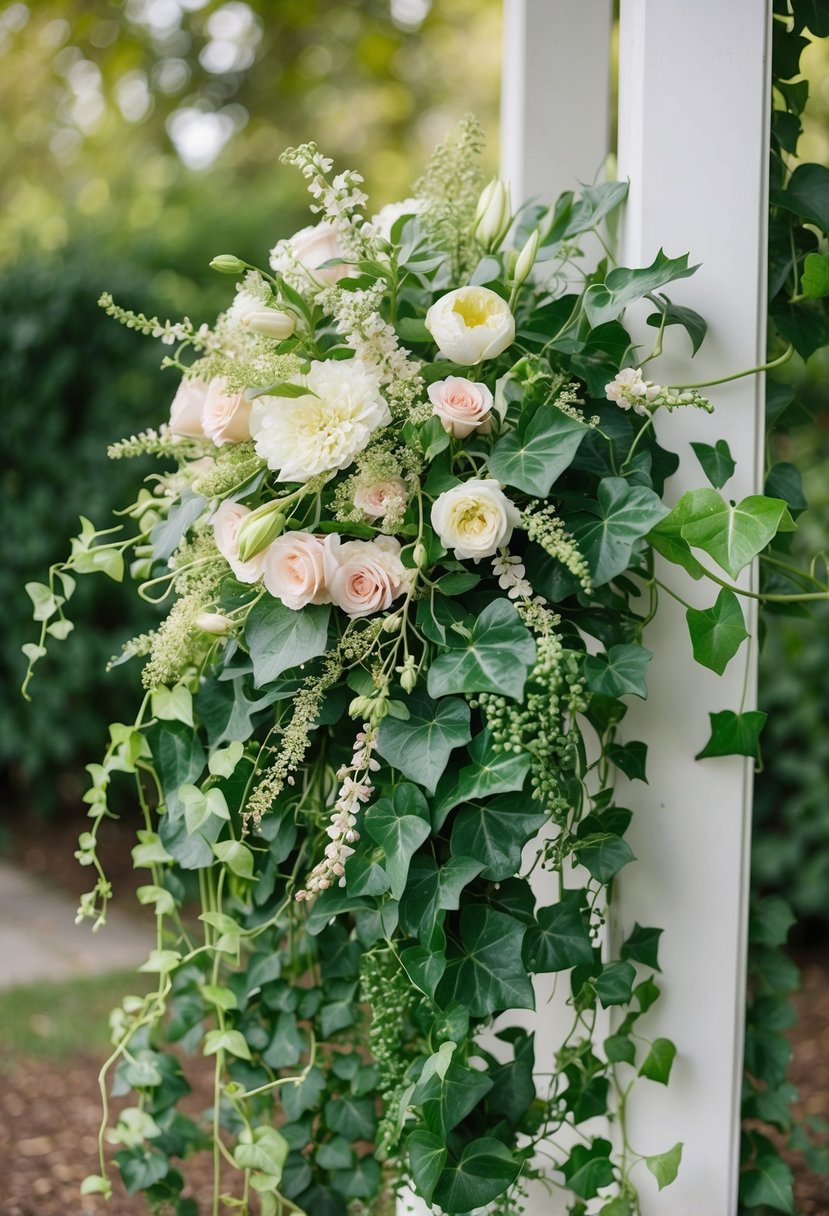 A lush bouquet of cascading hortensia and ivy, intertwined with delicate blooms and foliage, creates a romantic wedding bouquet idea