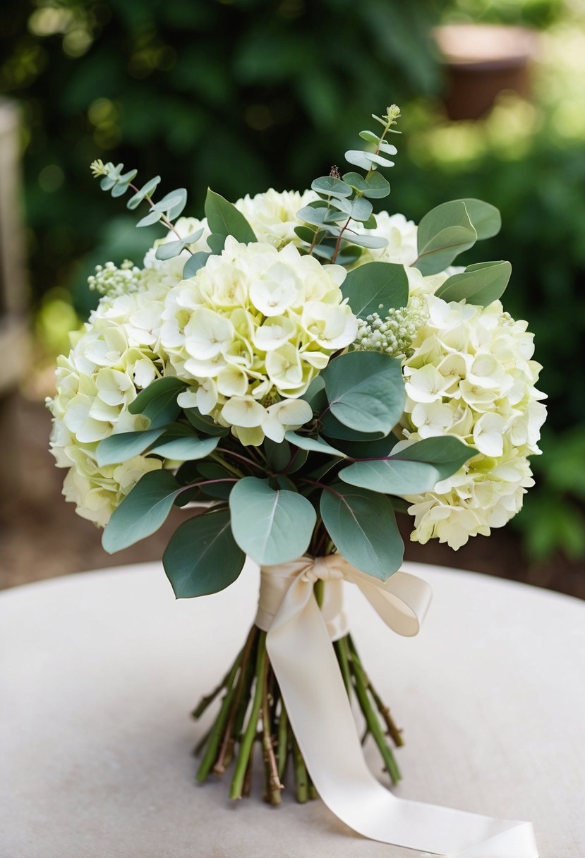 A vintage-inspired wedding bouquet featuring lush hydrangeas and fragrant eucalyptus, tied with a delicate ribbon