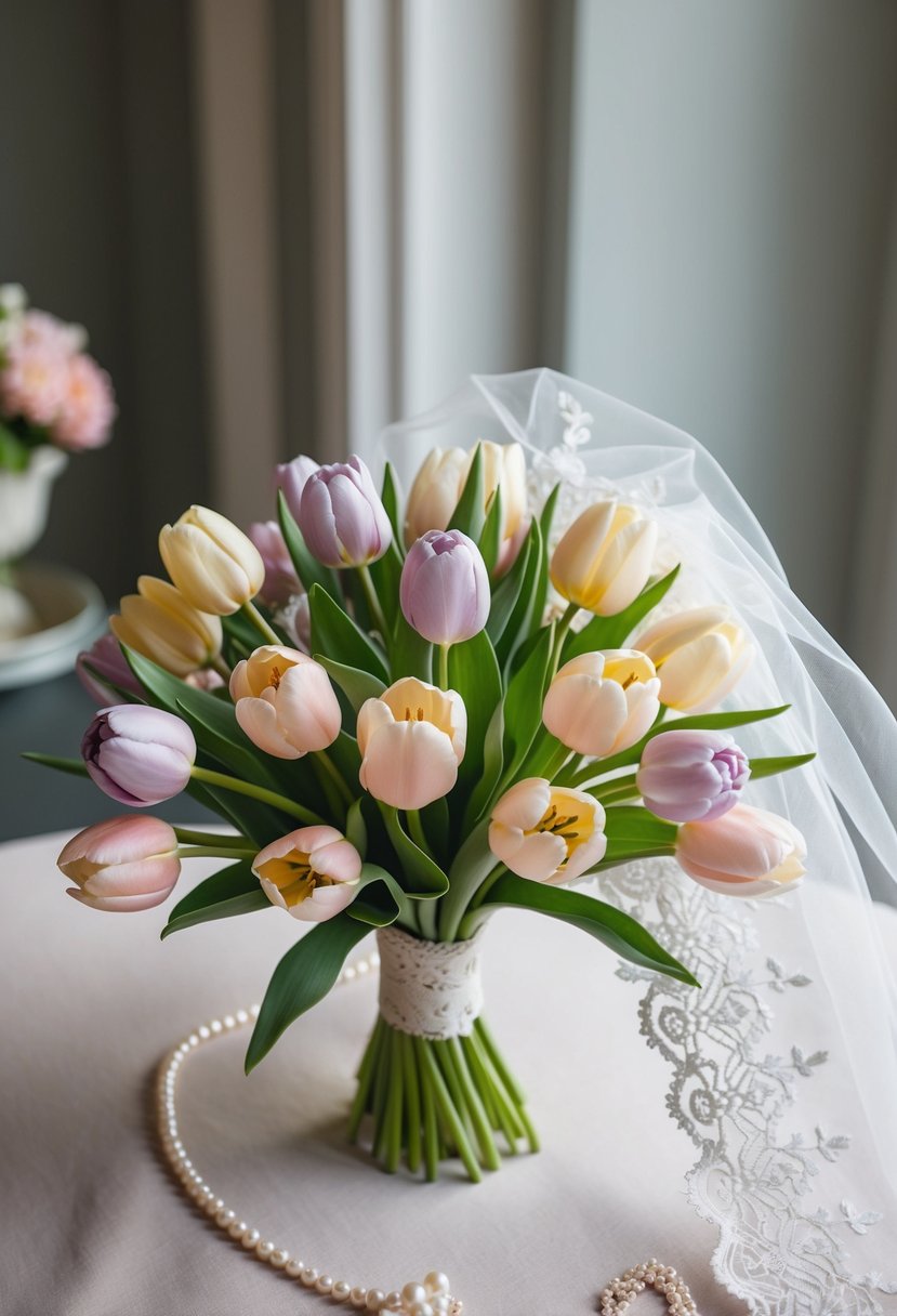 A vintage-inspired bouquet of soft pastel tulips and stocks in a 1950s wedding setting with a lace-trimmed veil and pearl jewelry