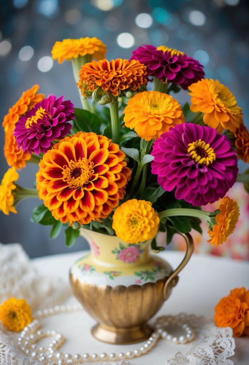 A vibrant bouquet of zinnias and marigolds in a 1950s-style vase, surrounded by vintage lace and pearls