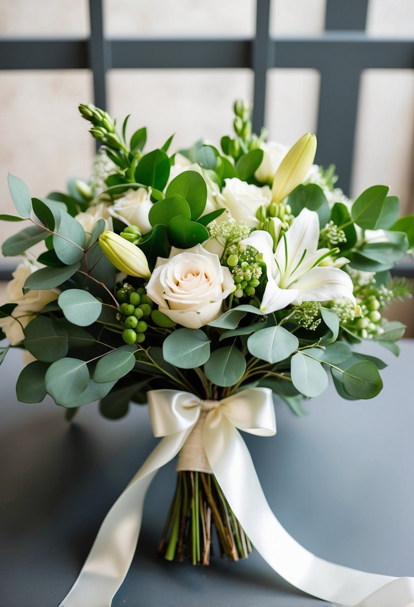 A lush, green and white wedding bouquet with eucalyptus, roses, and lilies, tied with a satin ribbon