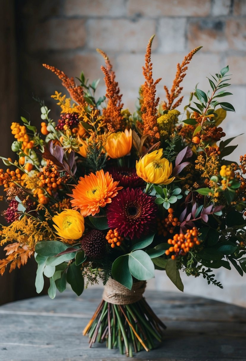 A rich, colorful bouquet of autumn flowers and foliage arranged in a rustic, elegant style