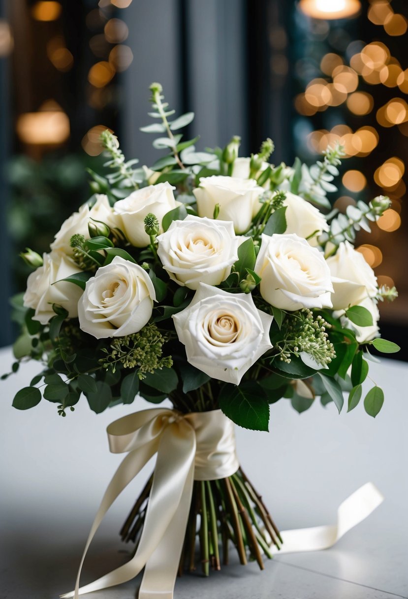 A lush bouquet of white roses and greenery, tied with a satin ribbon